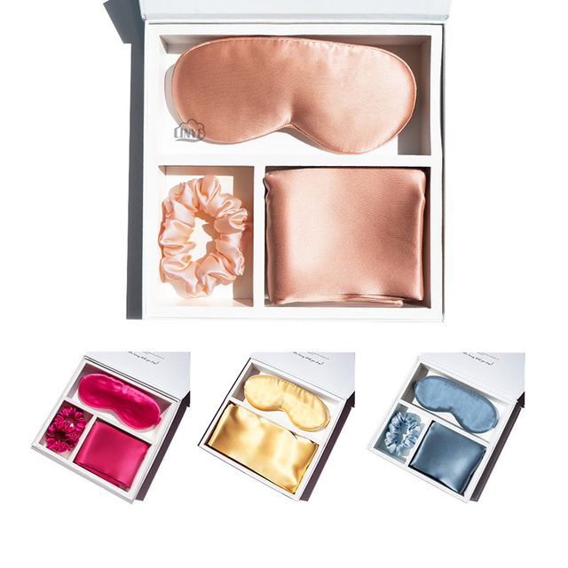 مجموعة علب هدايا حريرية عالية الجودة (تشمل قناع العين وغطاء الوسادة وحلقة الشعر)