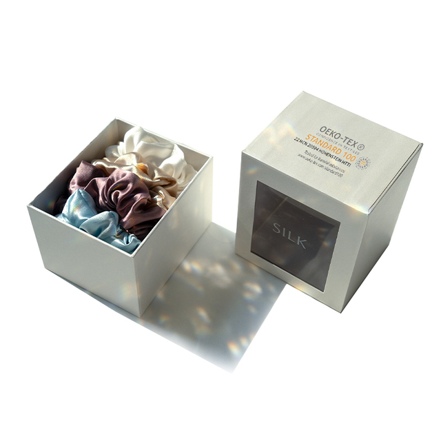 ربطة شعر رفيعة ومتوسطة وكبيرة الحجم من الحرير Scrunchies، شريط مطاطي، نمط مخصص من الحرير Scrunchie مع صندوق