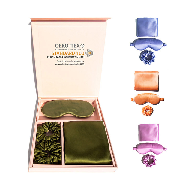 طقم غطاء وسادة حريري بسحاب/مغلف مع قناع للعين وحلقة شعر من الحرير